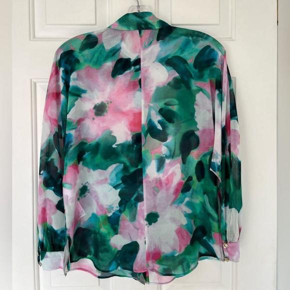 SOLD Zara Flowing Green Pink Floral Sheer Long Sleeve Blouse Small - Picture 9 of 16